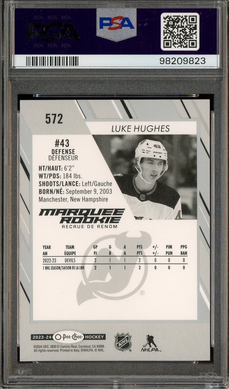 2023 O-PEE-CHEE OPC Hockey #572 Luke Hughes RC Rookie PSA 10 ROOKIE
