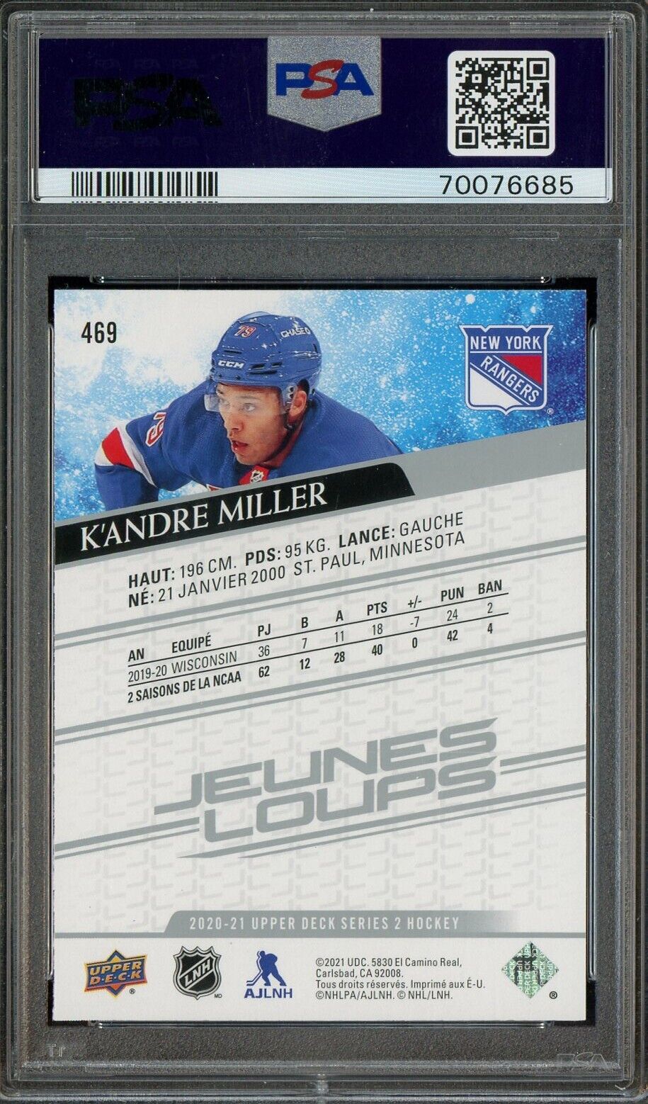 2020 Upper Deck Hockey Young Guns French #469 K'Andre Miller RC Rookie PSA 10