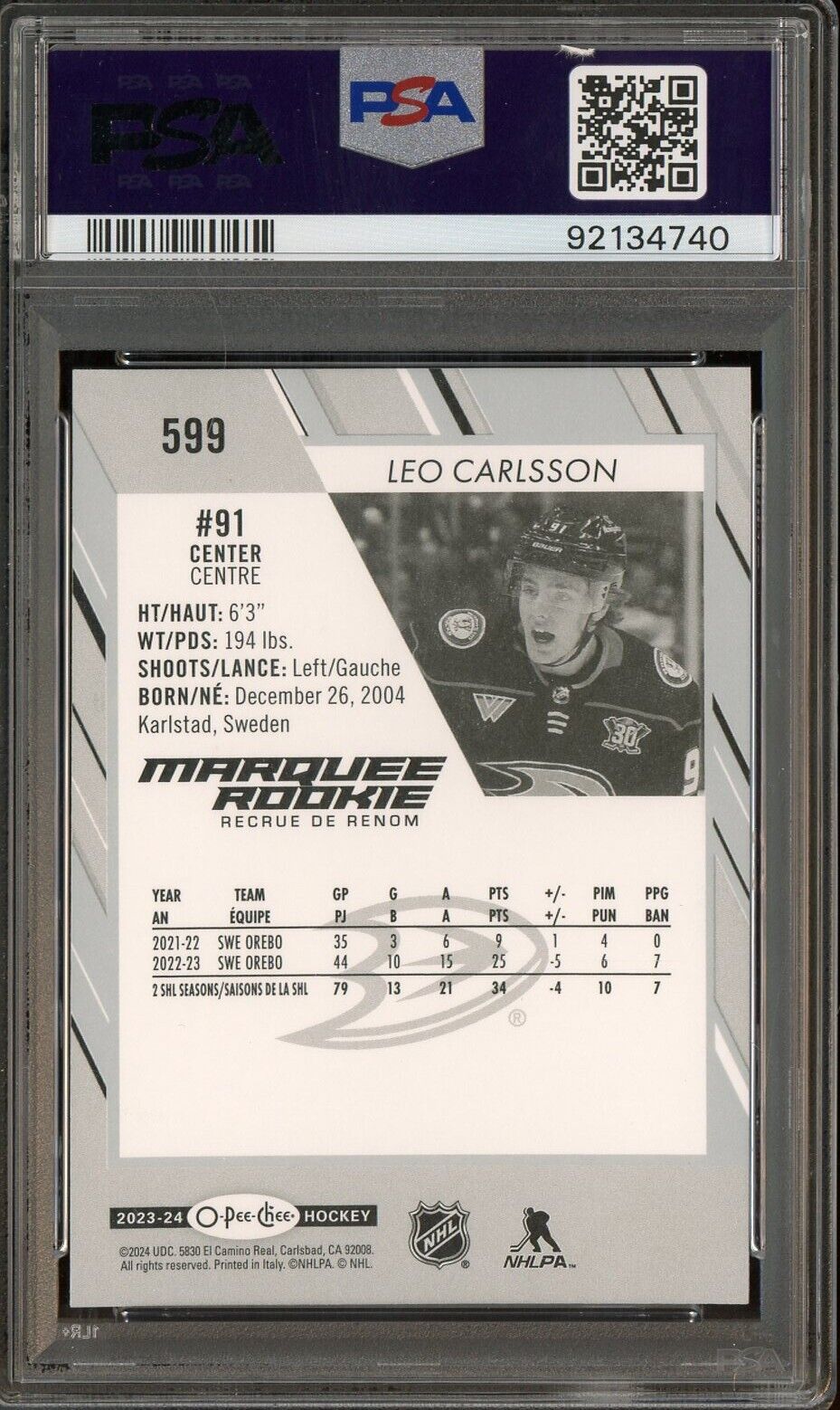2023 O-PEE-CHEE OPC Hockey #599 Leo Carlsson RC Rookie PSA 10 ROOKIE