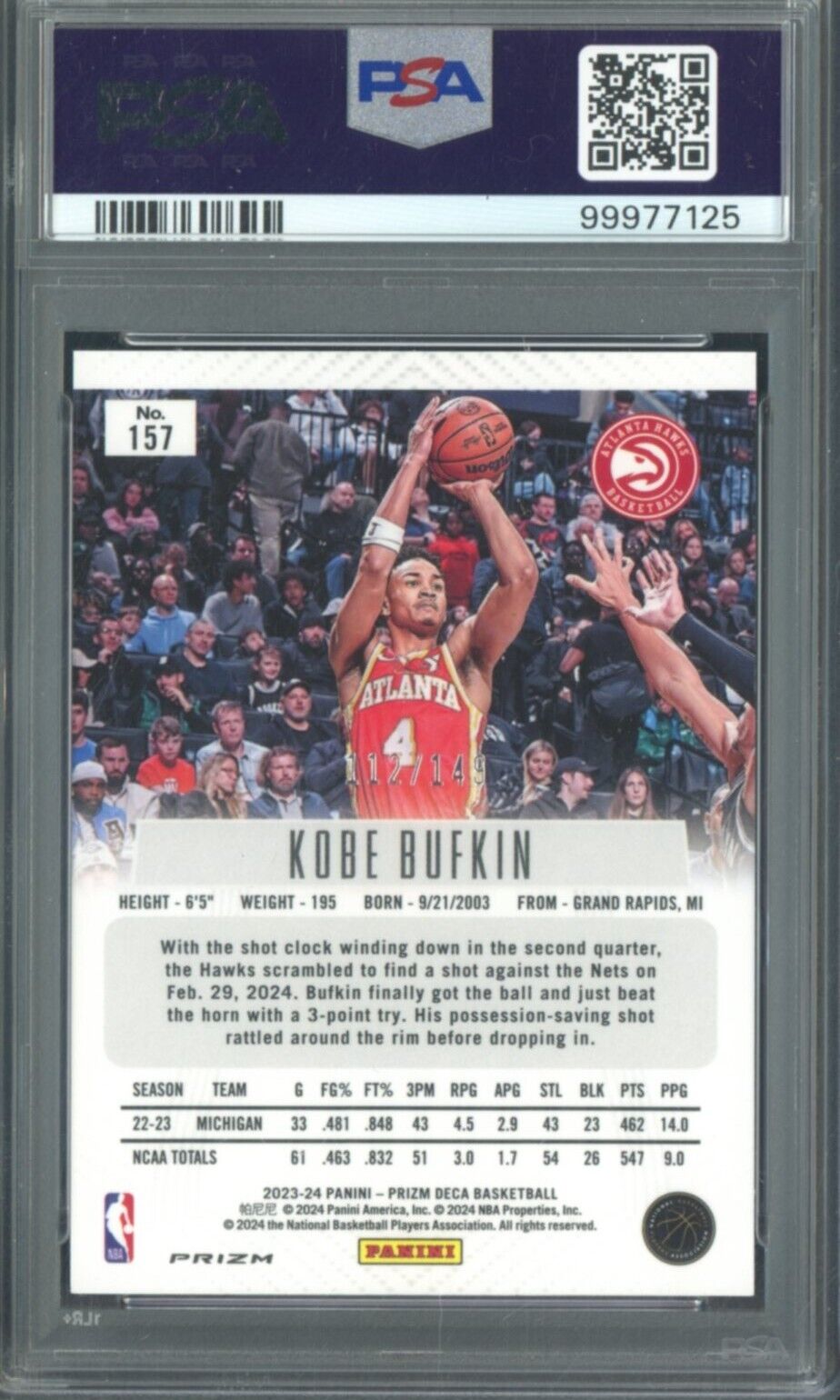 2023 Panini Blue Prizm Deca #157 Kobe Bufkin Hawks RC Rookie 112/149 PSA 9