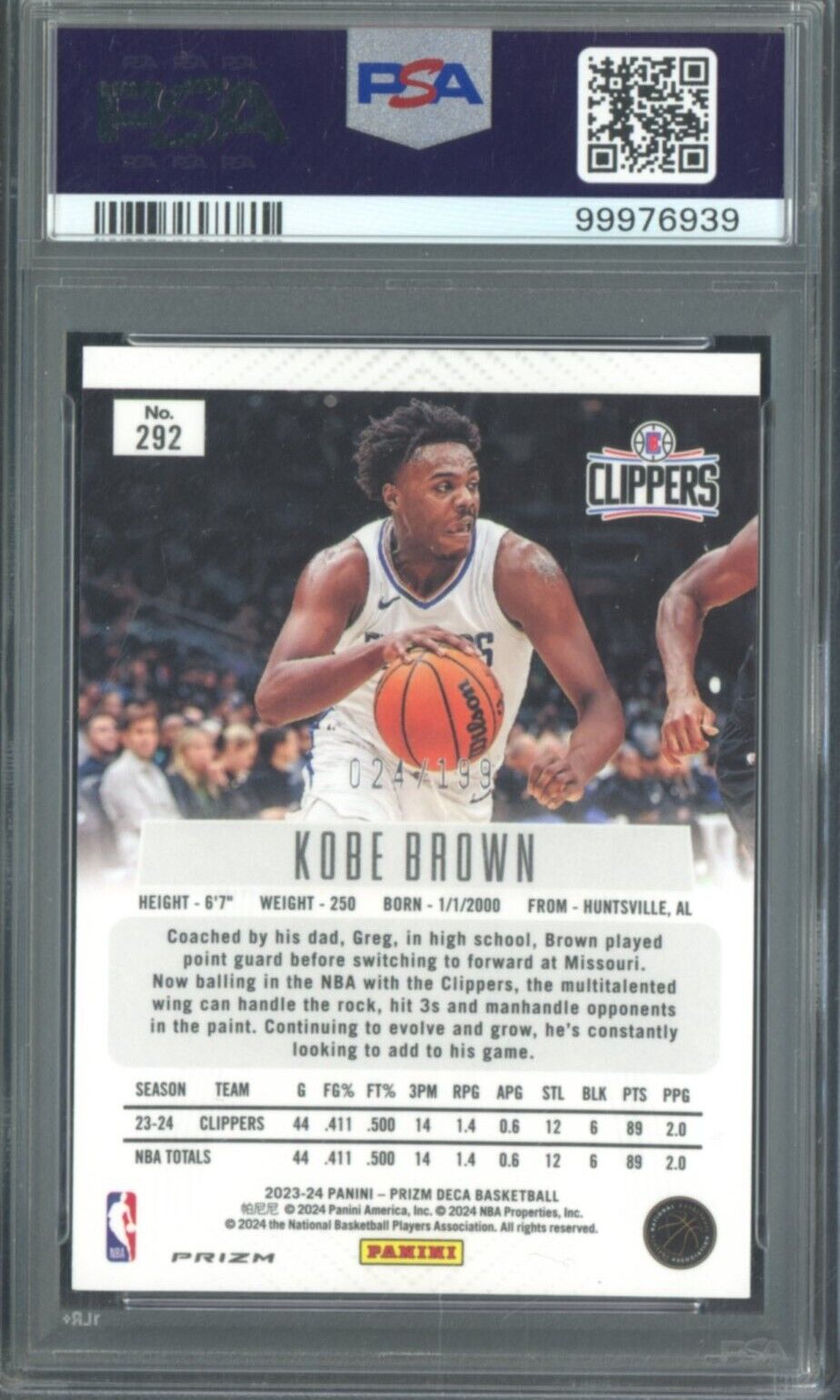 2023 Panini Red Prizm Deca #292 Kobe Brown Clippers RC Rookie 24/199 PSA 9 -/199