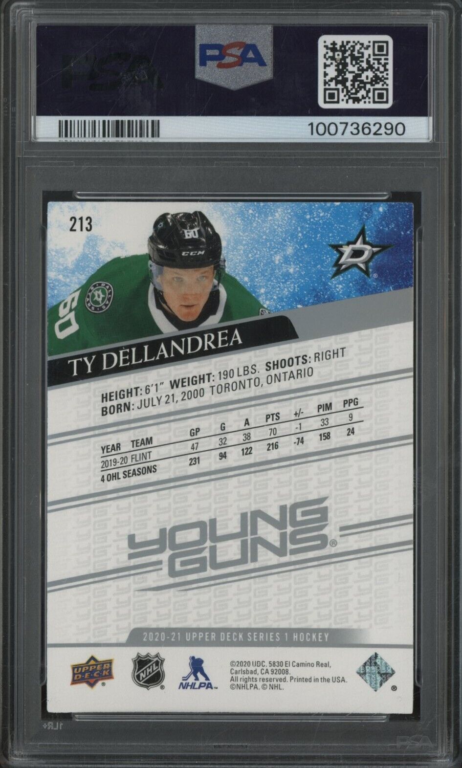 2020 Upper Deck Ty Dellandrea Young Guns #213 PSA 8 - Young Guns