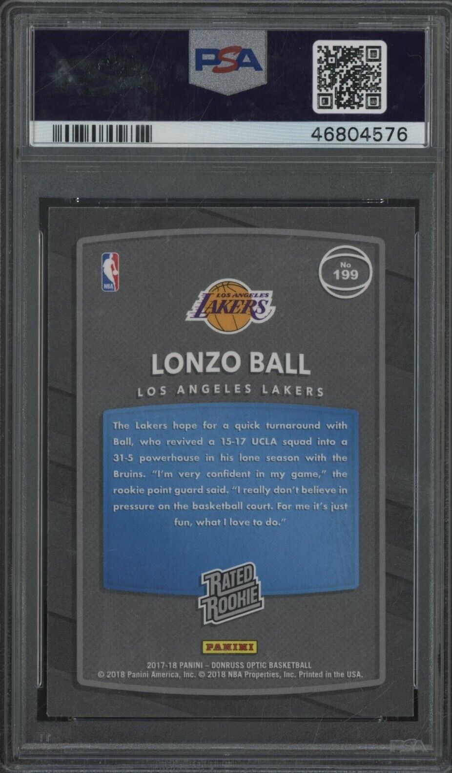 2017 Donruss Optic Red Yellow #199 Lonzo Ball Lakers RC Rookie PSA 9 ROOKIE