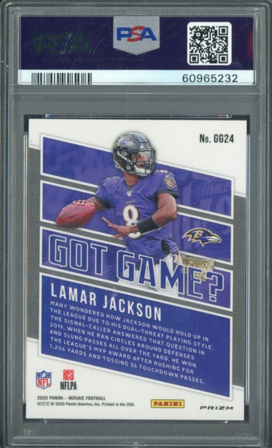 2020 Panini Green Mosaic Got Game? #GG24 Lamar Jackson Ravens PSA 9 MINT