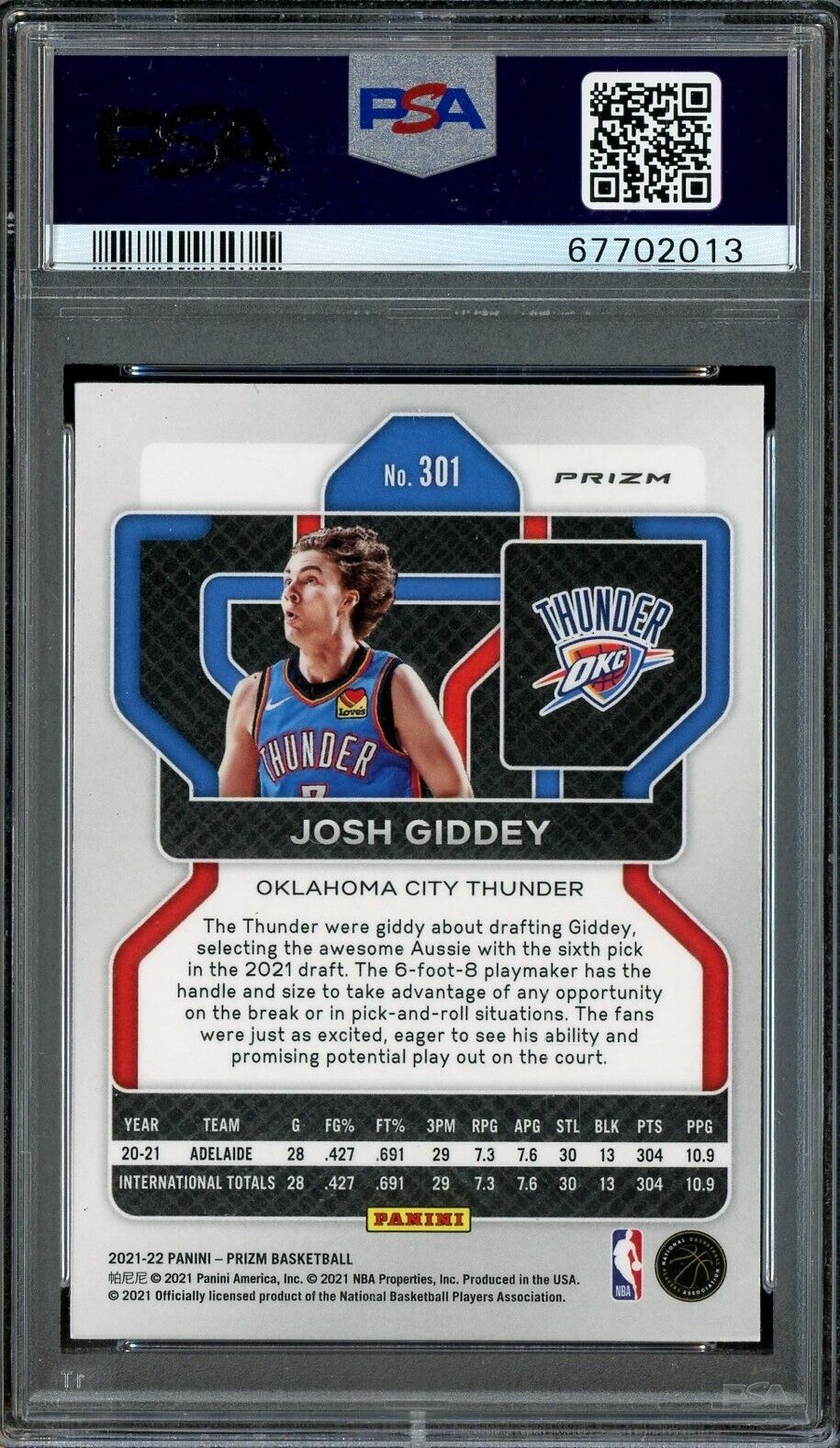 2021 Panini Green Prizm #301 Josh Giddey Thunder RC Rookie PSA 9 ROOKIE