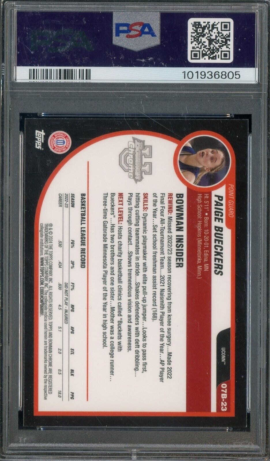 2023 Bowman U Chrome 2007-08 Bowman Refractor Paige Bueckers RC Rookie PSA 9