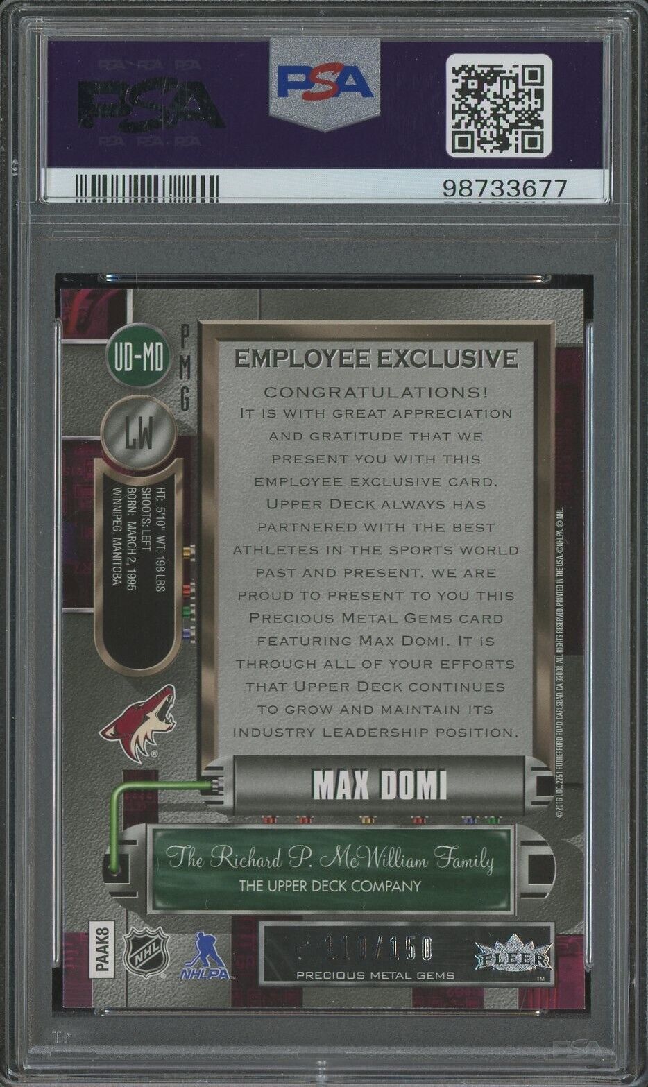 2015 Upper Deck Employee Exclusive Precious Metal-Purple Max Domi #UD-MD PSA 8