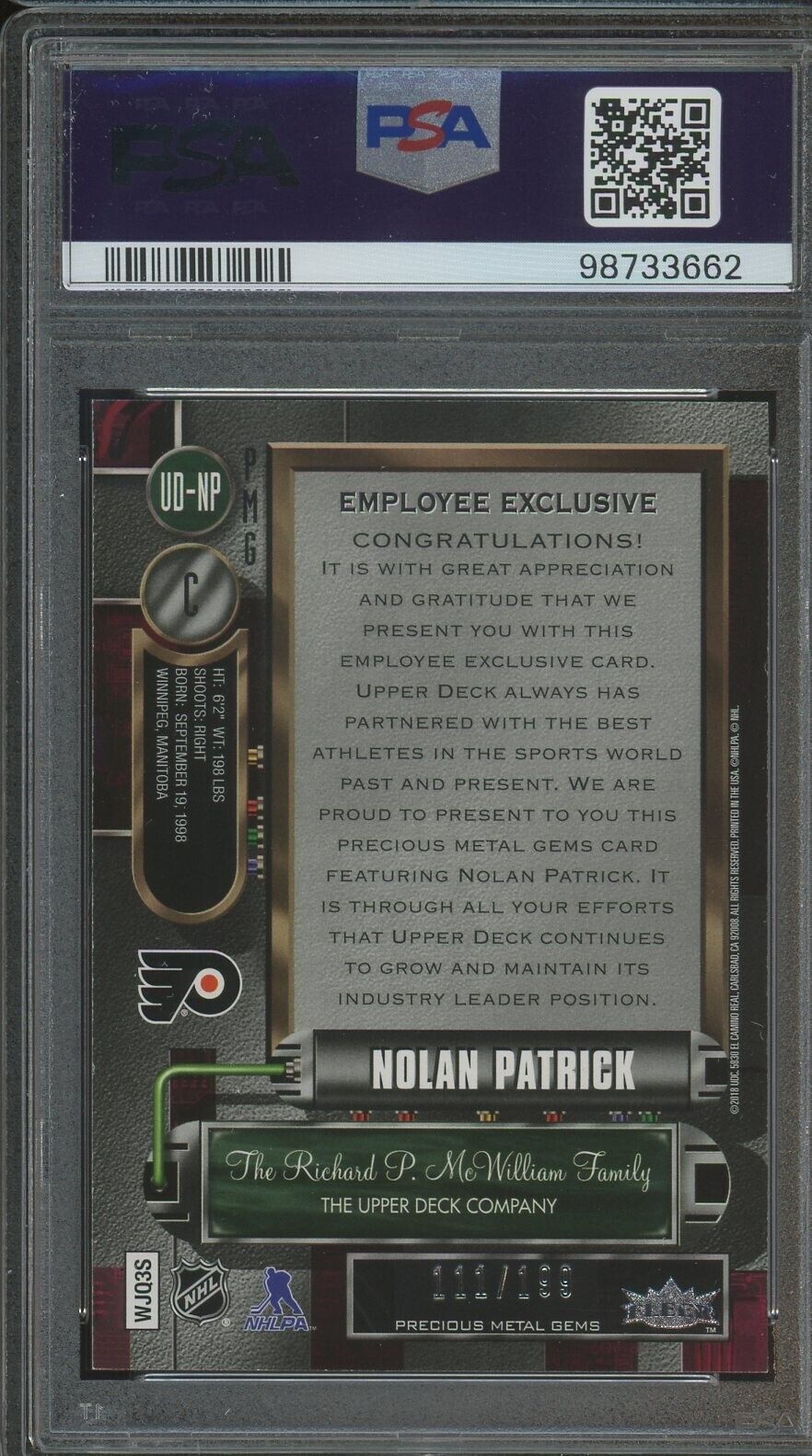 2017 Upper Deck Employee Exclusive Precious Metal-Purple Nolan Patrick PSA