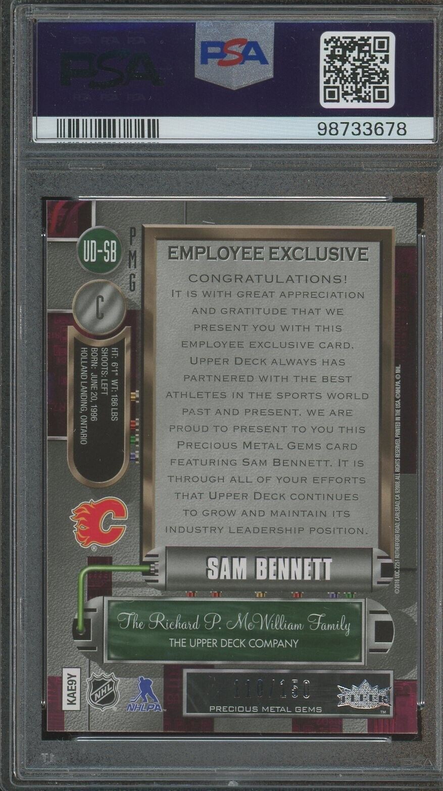 2015 Upper Deck Employee Exclusive Precious Metal-Purple Sam Bennett PSA 9
