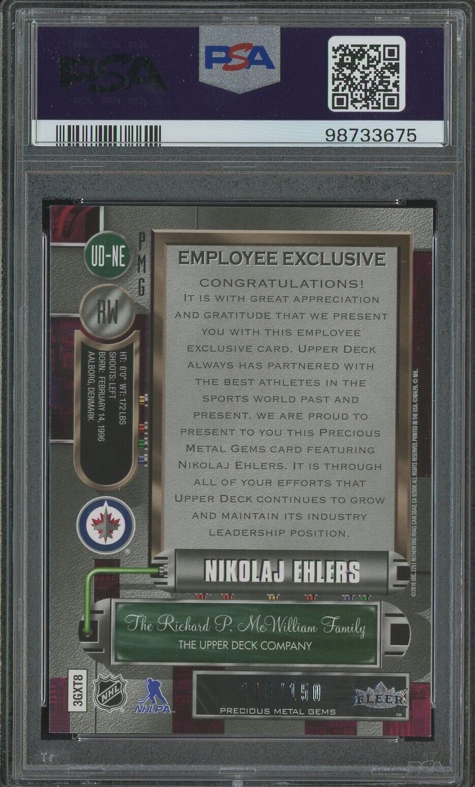 2015 Upper Deck Employee Exclusive Precious Metal-Purple Nikolaj Ehlers PSA 9
