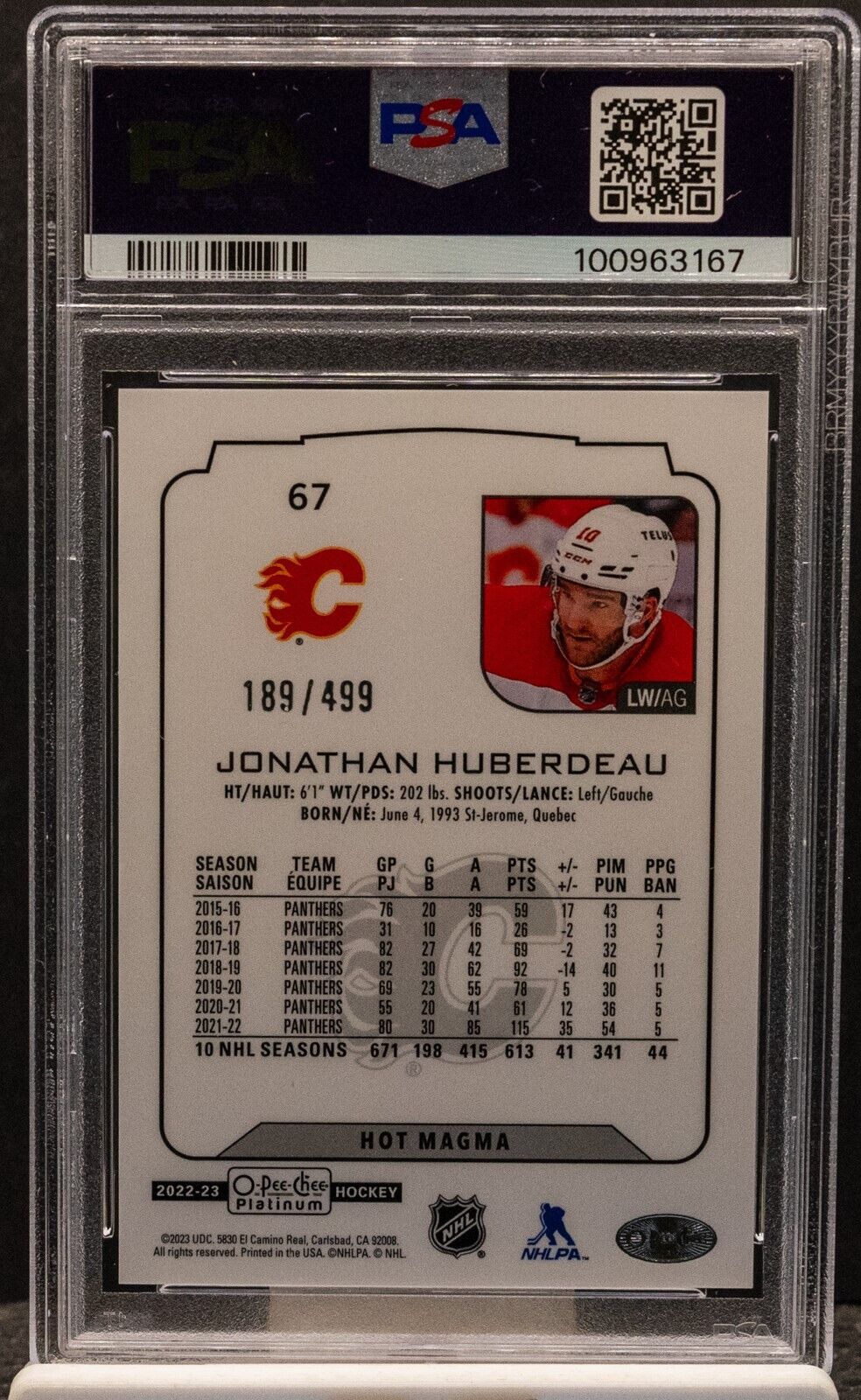 100963167 Jonathan Huberdeau 2022 O-Pee-Chee Platinum Hot Magma 189/499 PSA 10
