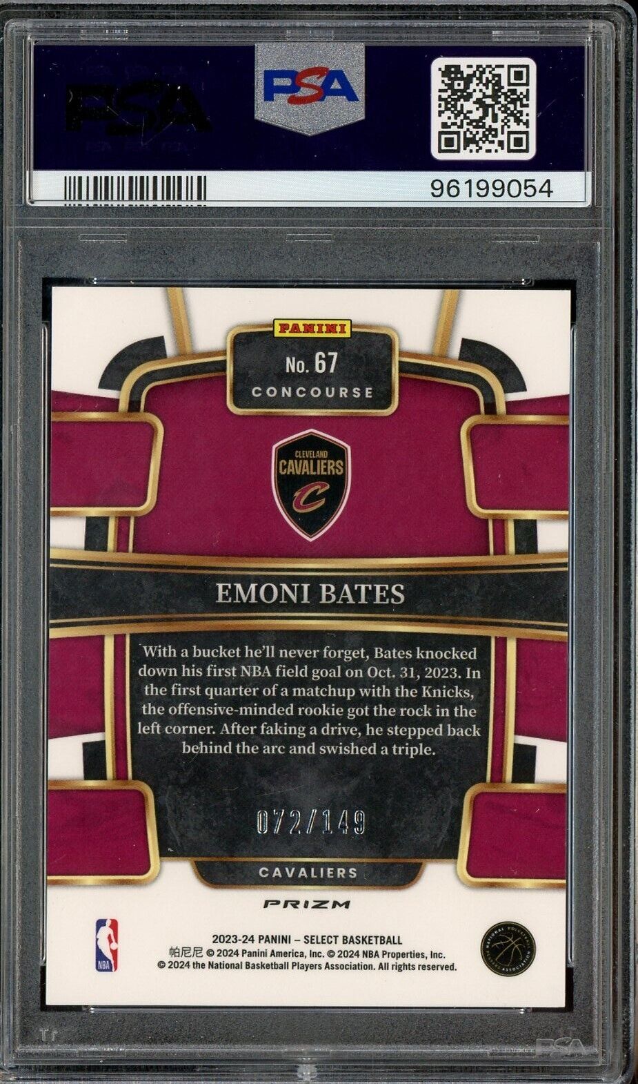 2023 Select White Prizm #67 Emoni Bates Cavaliers RC ROOKIE - /149 PSA 10 - /149