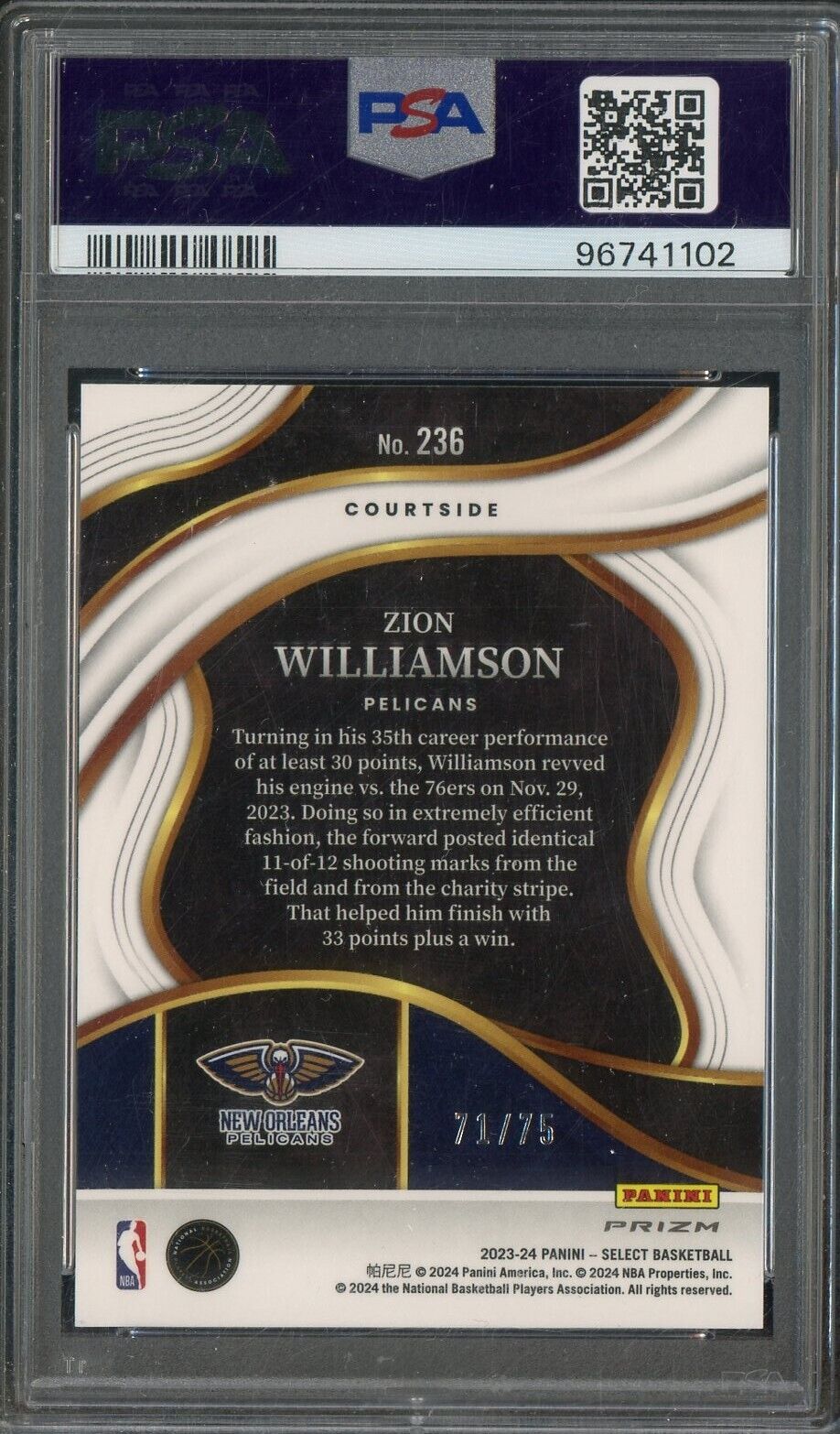 2023 Select White Disco Zion Williamson Pelicans - /75 PSA 10 - GEM MINT - /75