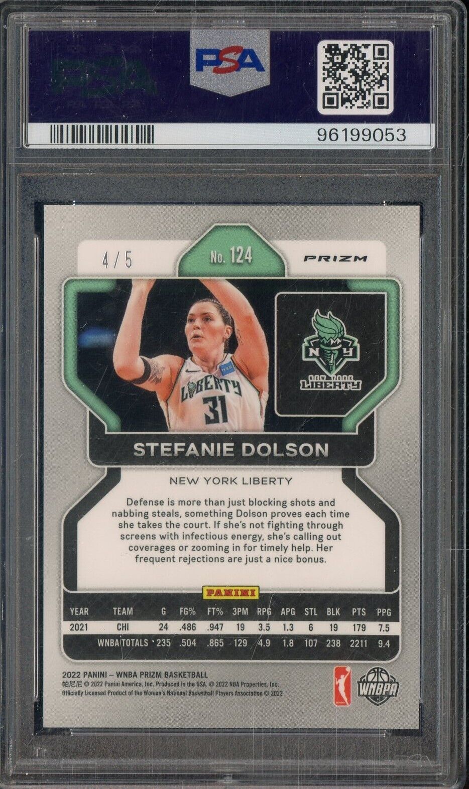 2022 Prizm WNBA - Stefanie Dolson #124 - NY Liberty - Black Gold Prizm /5 PSA 10