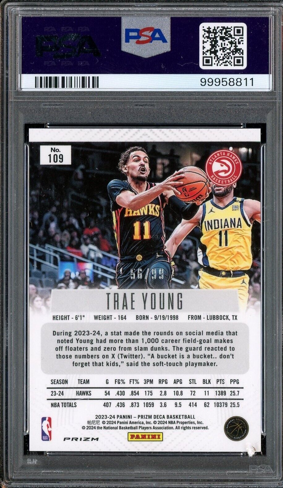 2023 Panini Deca Purple Prizm #109 Trae Young Hawks - /99 PSA 9 MINT - /99