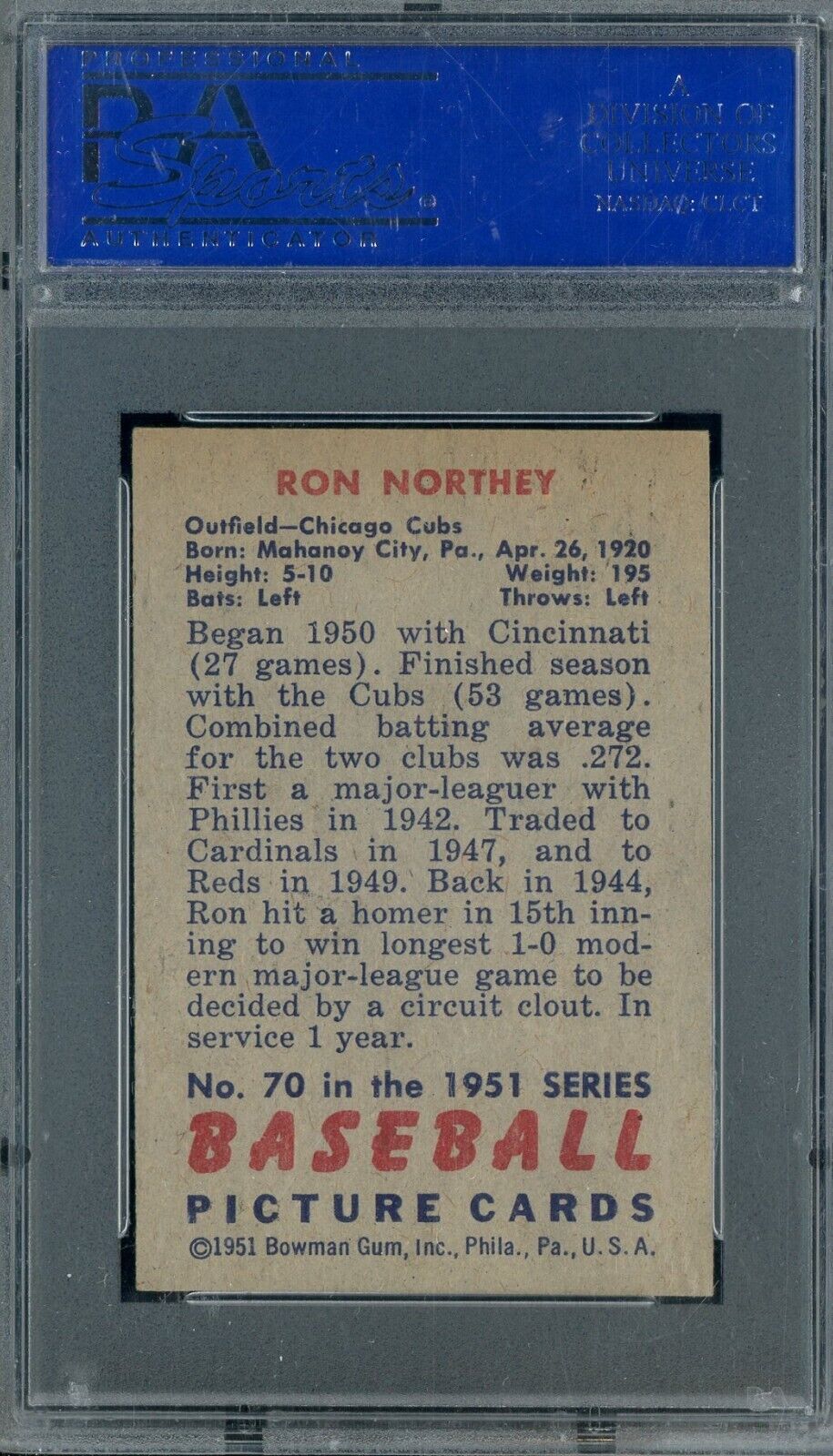 1951 Bowman #70 Ron Northey Chicago Cubs PSA 6 EX-MT