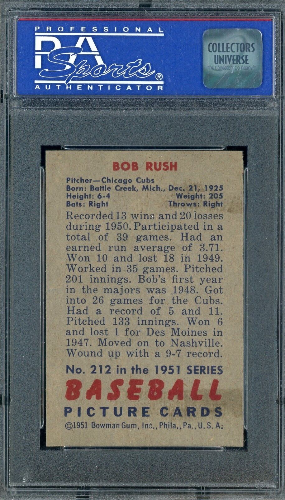 1951 Bowman #212 Bob Rush Chicago Cubs PSA 7 NM