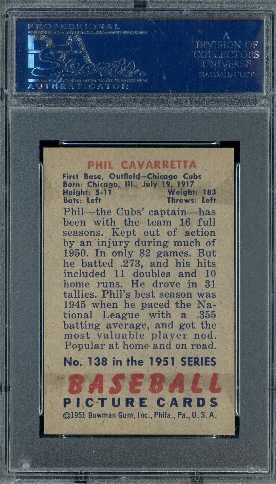 1951 Bowman #138 Phil Cavarretta Chicago Cubs PSA 6 EX-MT