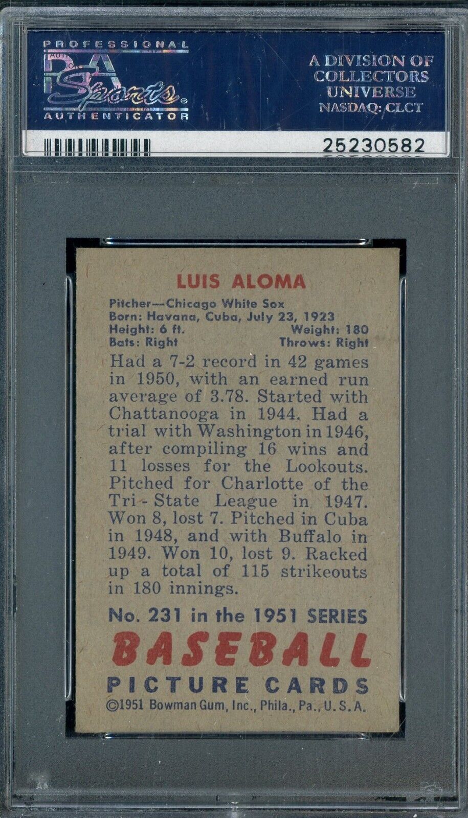 1951 Bowman #231 Luis Aloma Chicago Cubs PSA 6 EX-MT