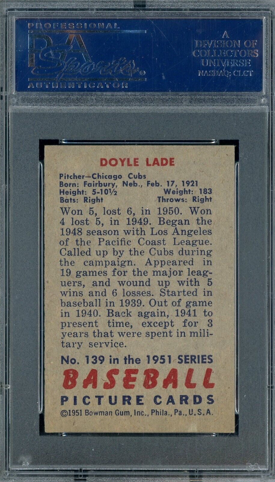 1951 Bowman #139 Doyle Lade Chicago Cubs PSA 6 EX-MT
