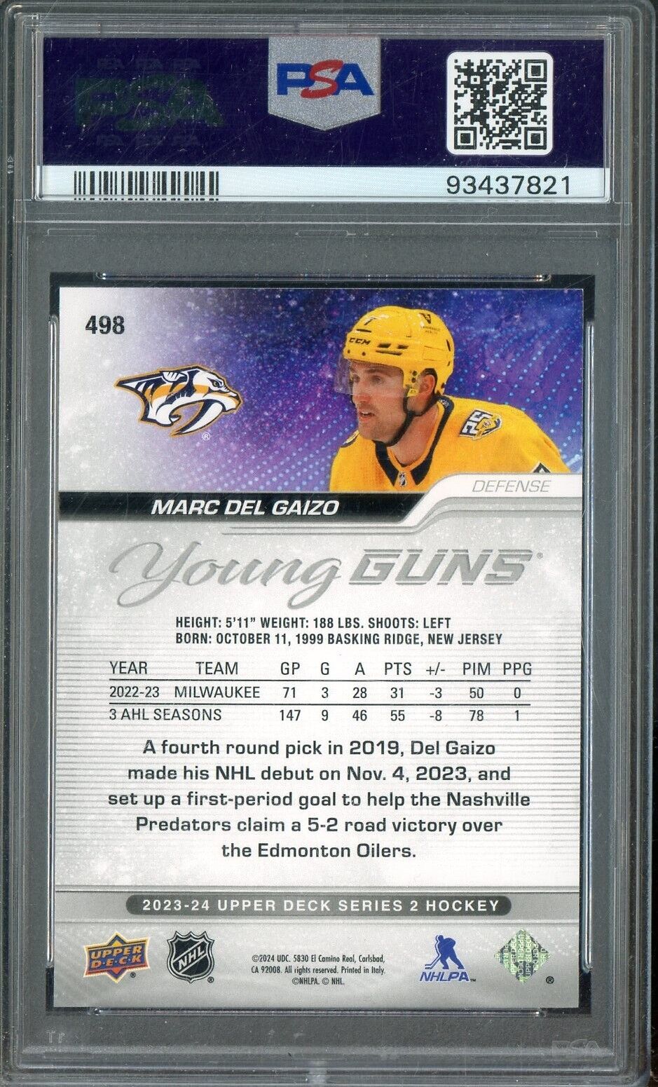 2023 Upper Deck Hockey Young Guns #498 Marc Del Gaizo RC Rookie PSA 9 ROOKIE