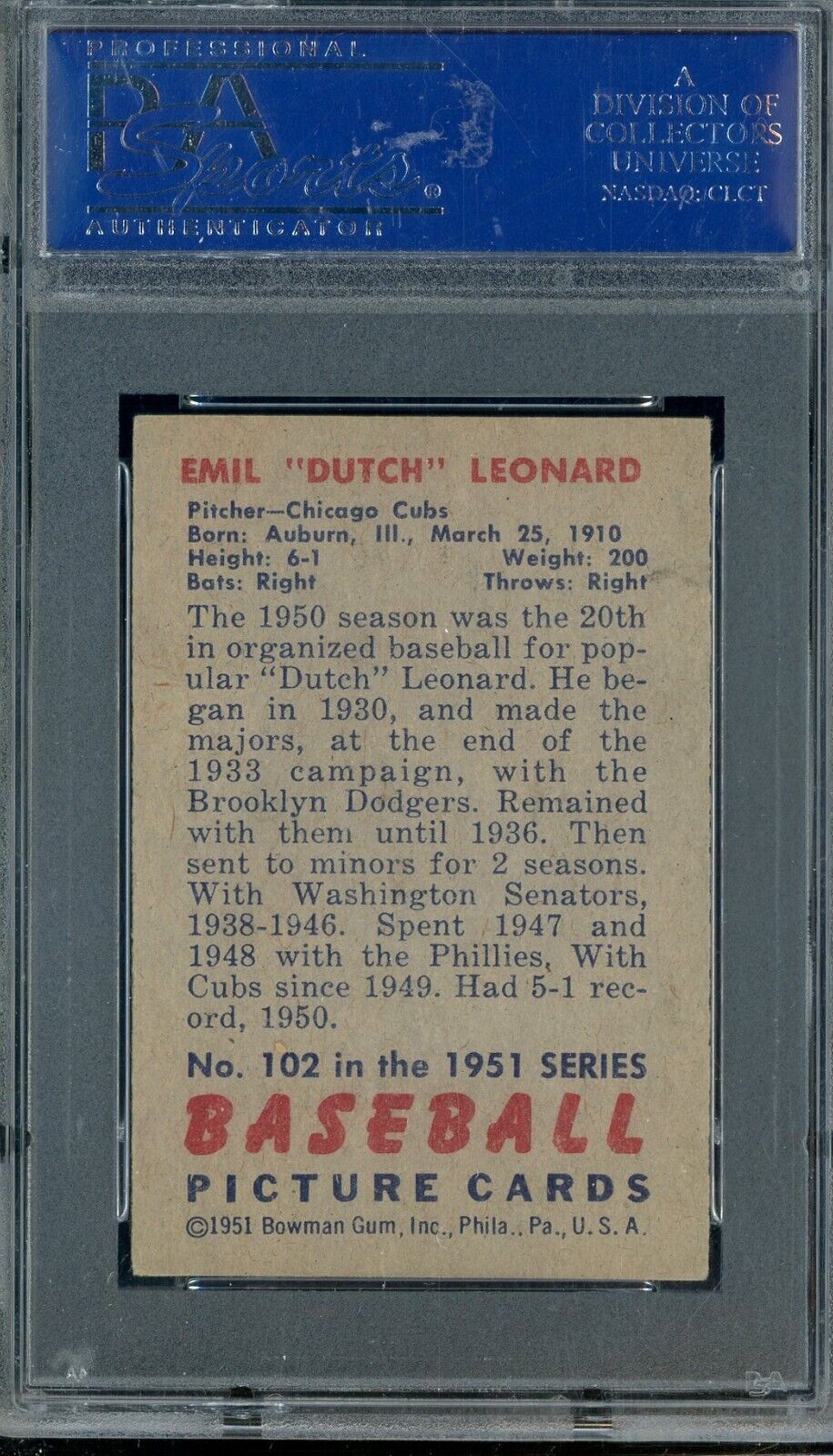 1951 Bowman #102 Emil Leonard Chicago Cubs PSA 6 EX-MT