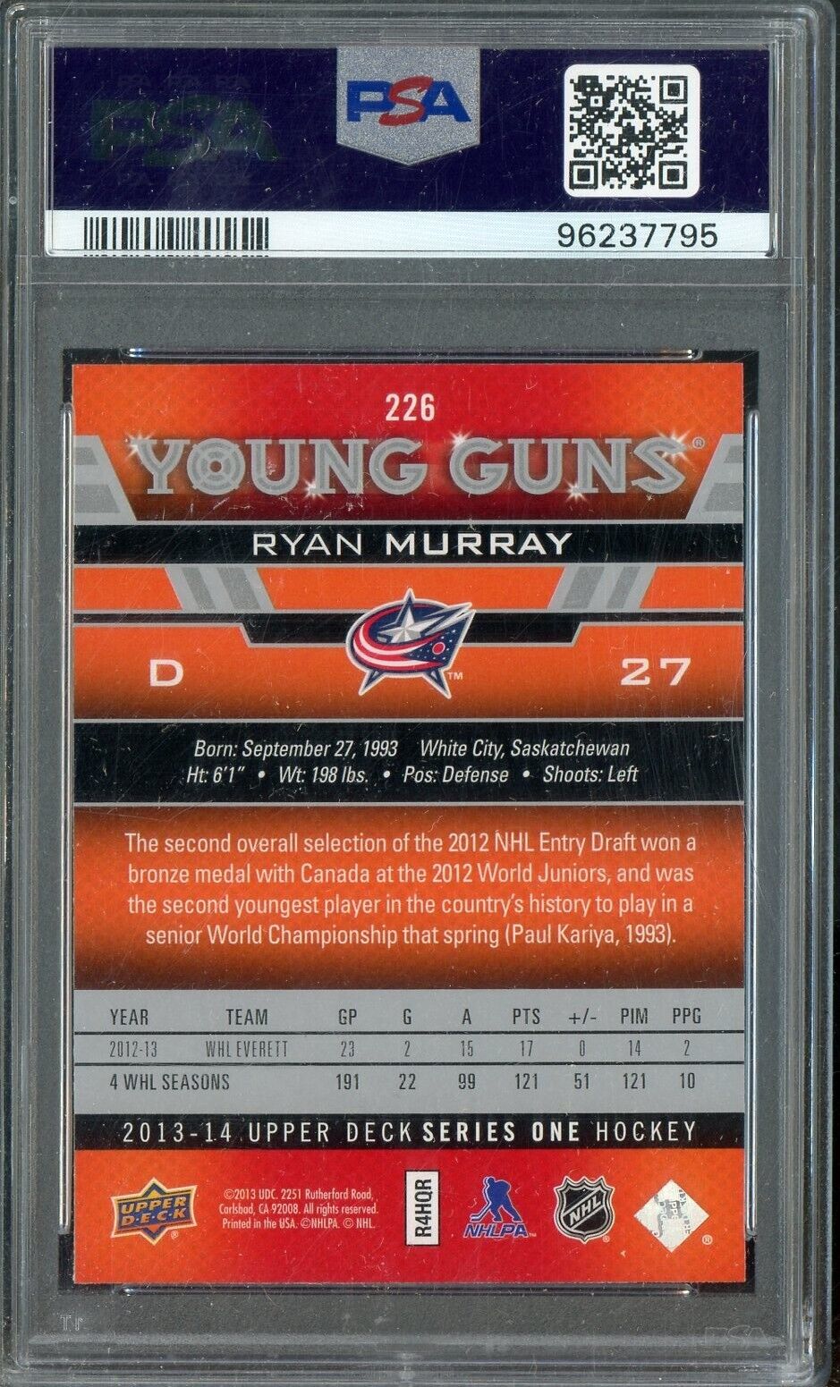 2013 Upper Deck Hockey Young Guns #226 Ryan Murray RC Rookie PSA 9 ROOKIE