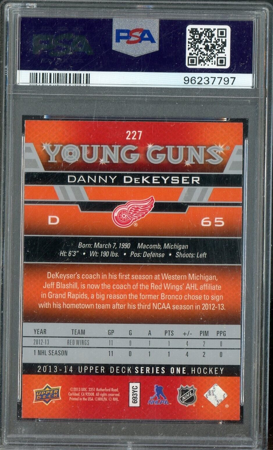 2013 Upper Deck Hockey Young Guns #227 Danny DeKeyser RC Rookie PSA 9 ROOKIE