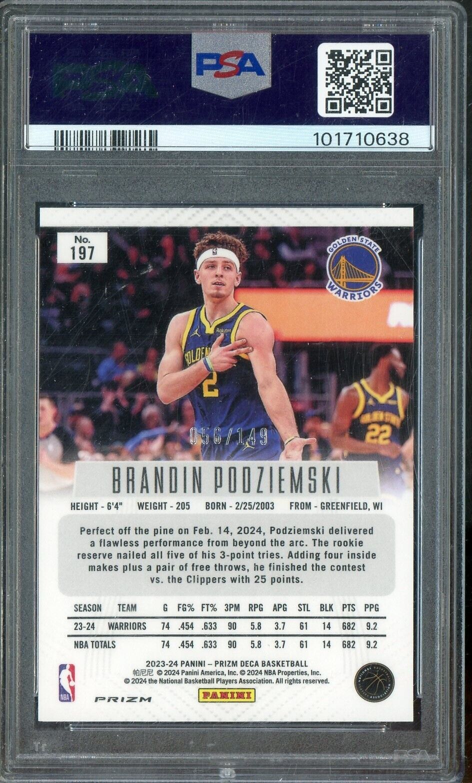 2023 Panini Blue Prizm Deca Brandin Podziemski Warriors ROOKIE - PSA 8.5 - /149
