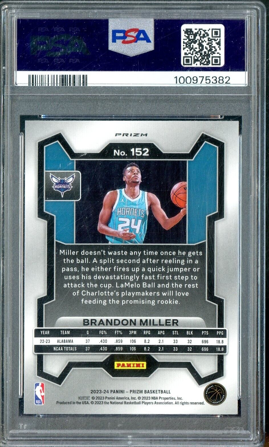 2023 Panini Green Prizm #152 Brandon Miller Hornets RC - ROOKIE - PSA - ROOKIE