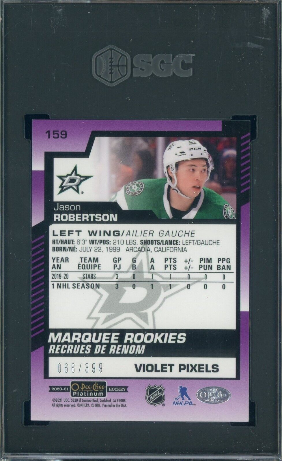 2020-21 O-Pee-Chee OPC Hockey Violet Pixels Jason Robertson RC /399 SGC 9
