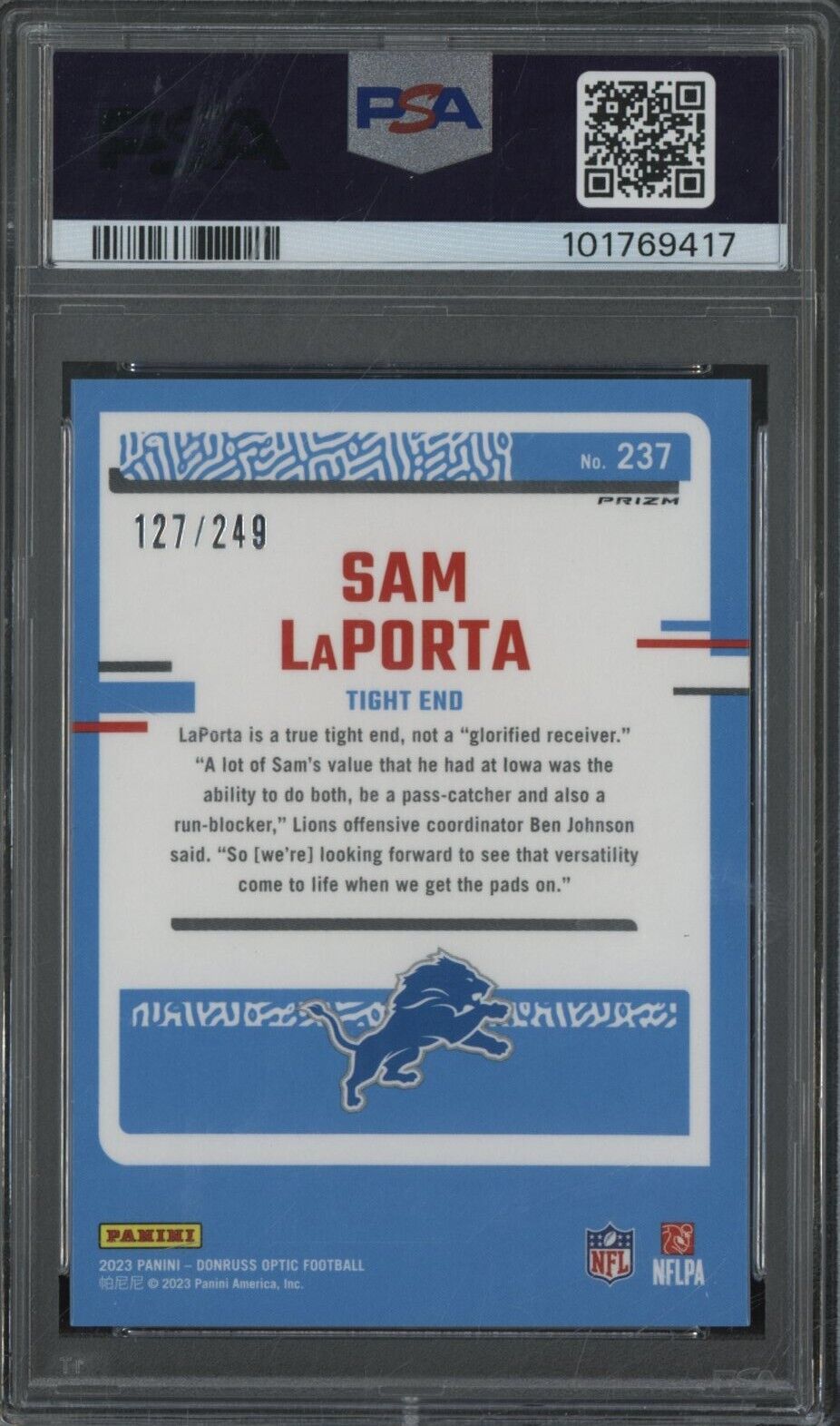 2023 Panini Donruss Optic Sam Laporta #237 Orange /249 ROOKIE - PSA /249