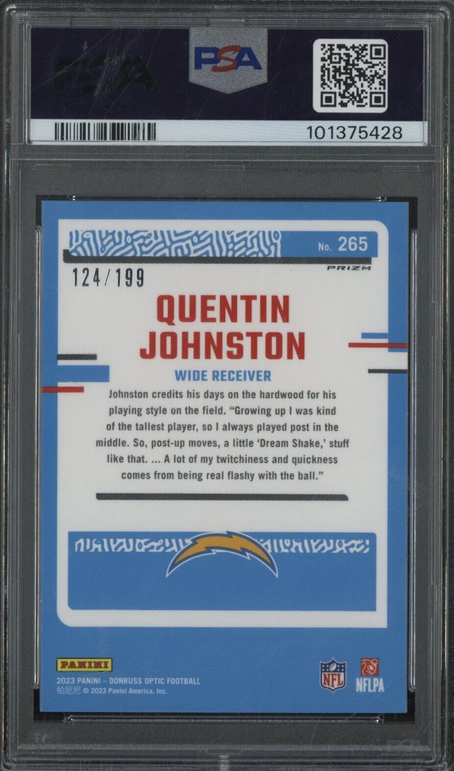 2023 Panini Donruss Optic Quentin Johnston #265 Blue /199 - PSA 9 - ROOKIE /199
