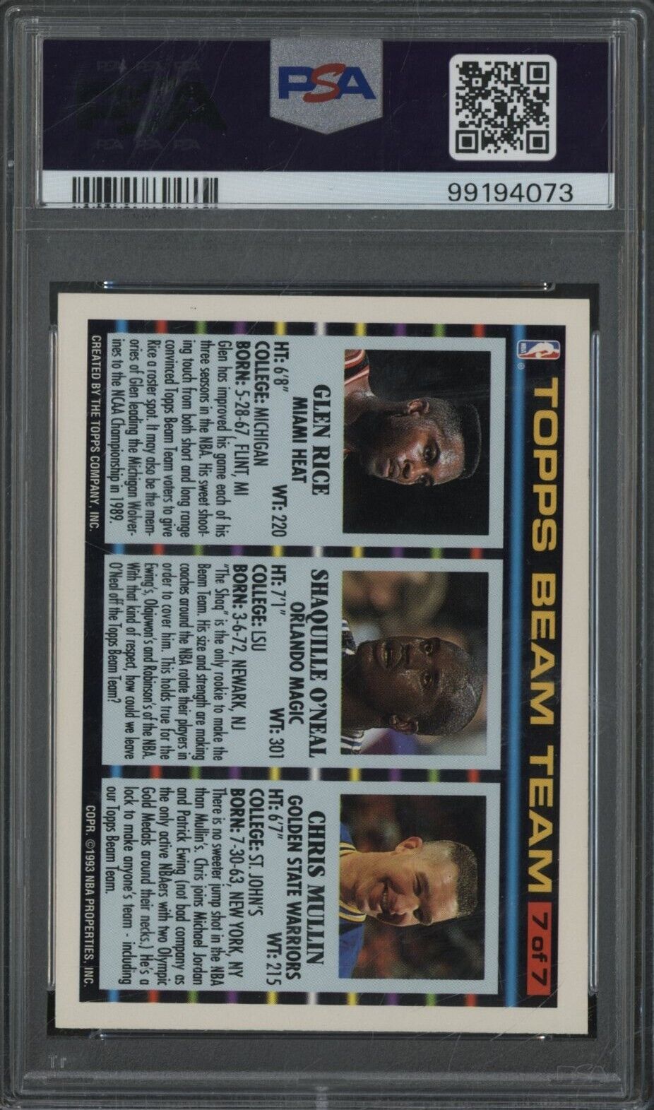 1992 Topps Beam Team Gold Glen Rice Shaquille O'Neal Chris Mullin #7 PSA