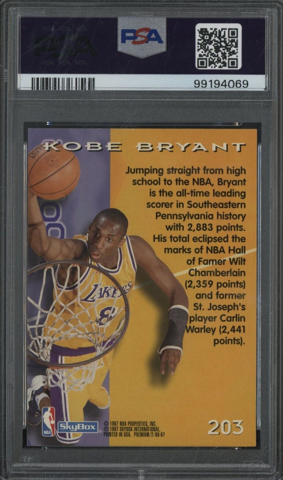 1996 Skybox Premium Kobe Bryant #203 PSA - ROOKIE