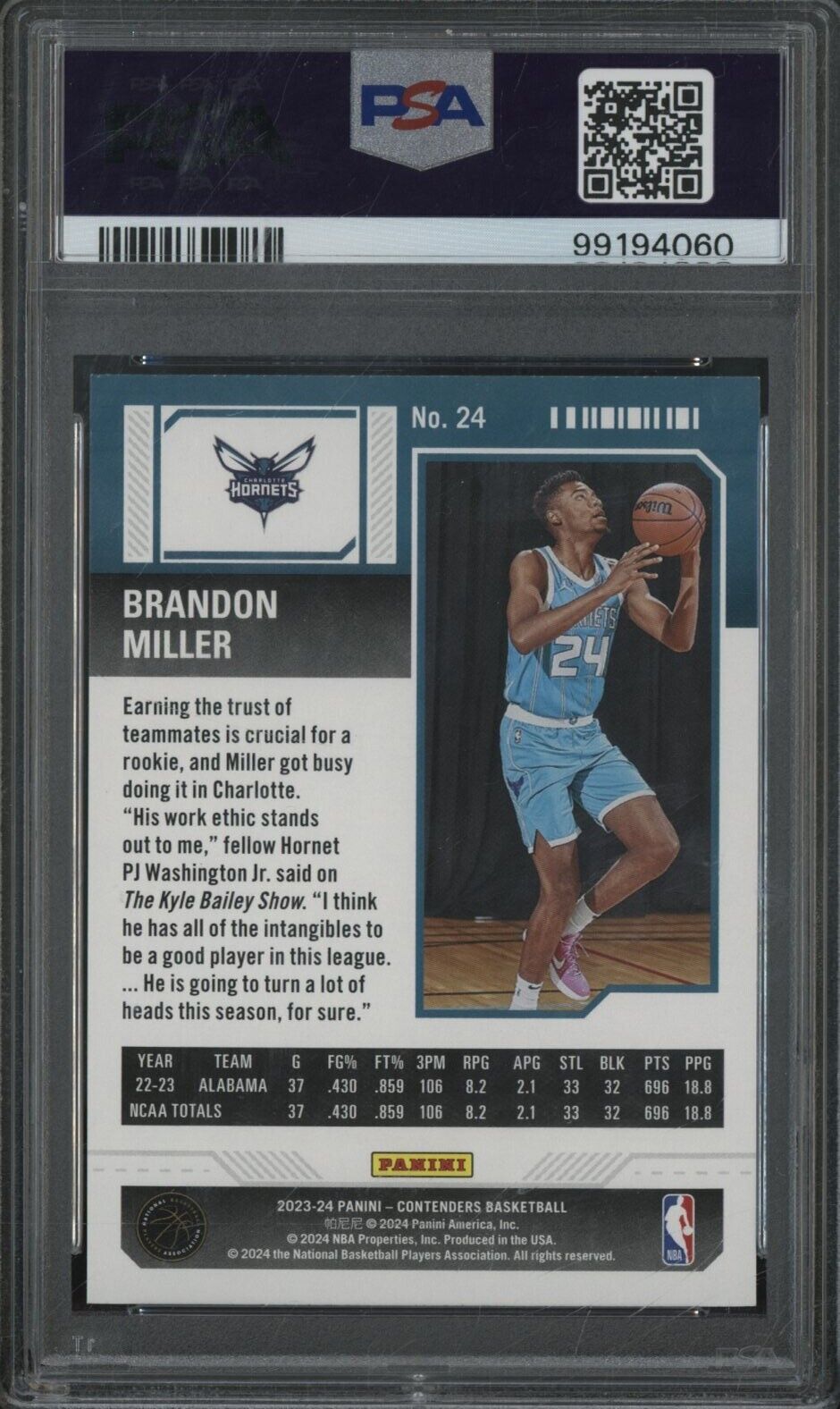 2023 Contender Bronze #24 Brandon Miller Hornets RC ROOKIE PSA - ROOKIE