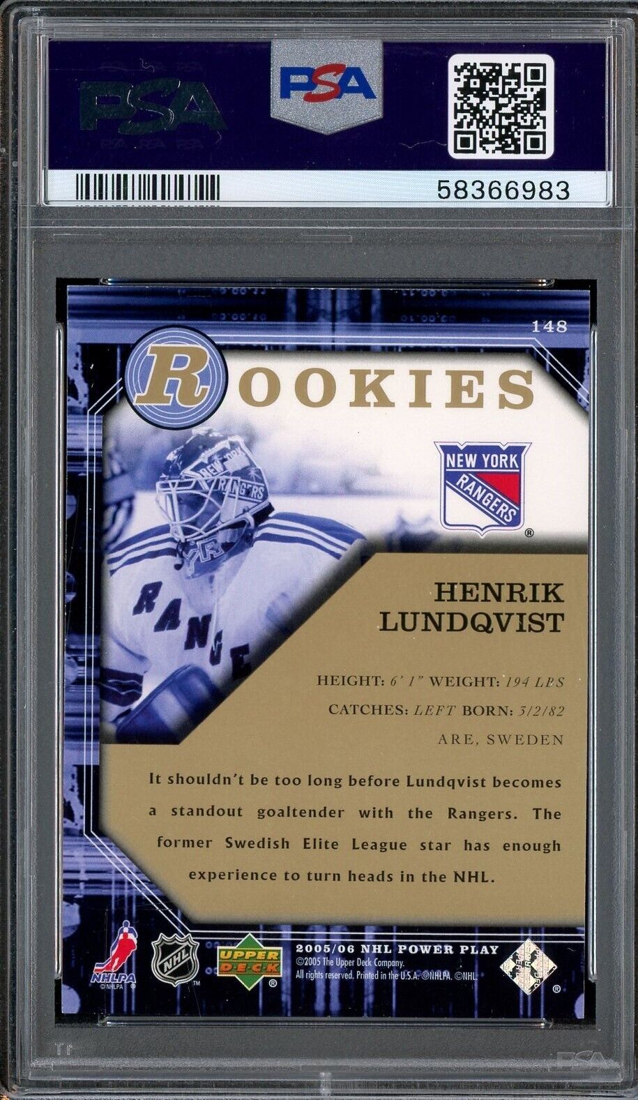 2005 U.D Power Play Hockey #148 Henrik Lundqvist, Rangers - ROOKIE - PSA ROOKIE