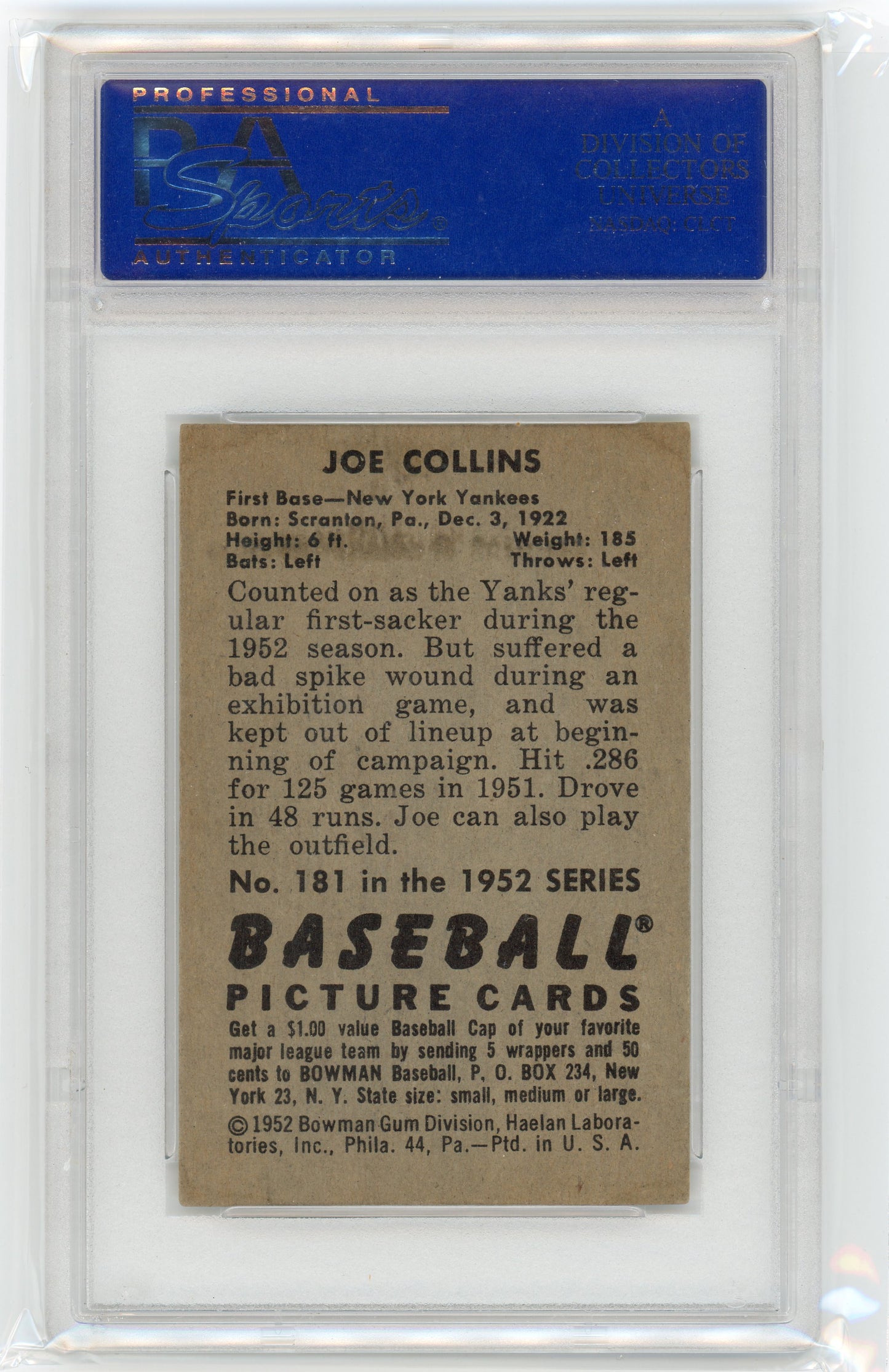 1952 Bowman Joe Collins #181 PSA 6