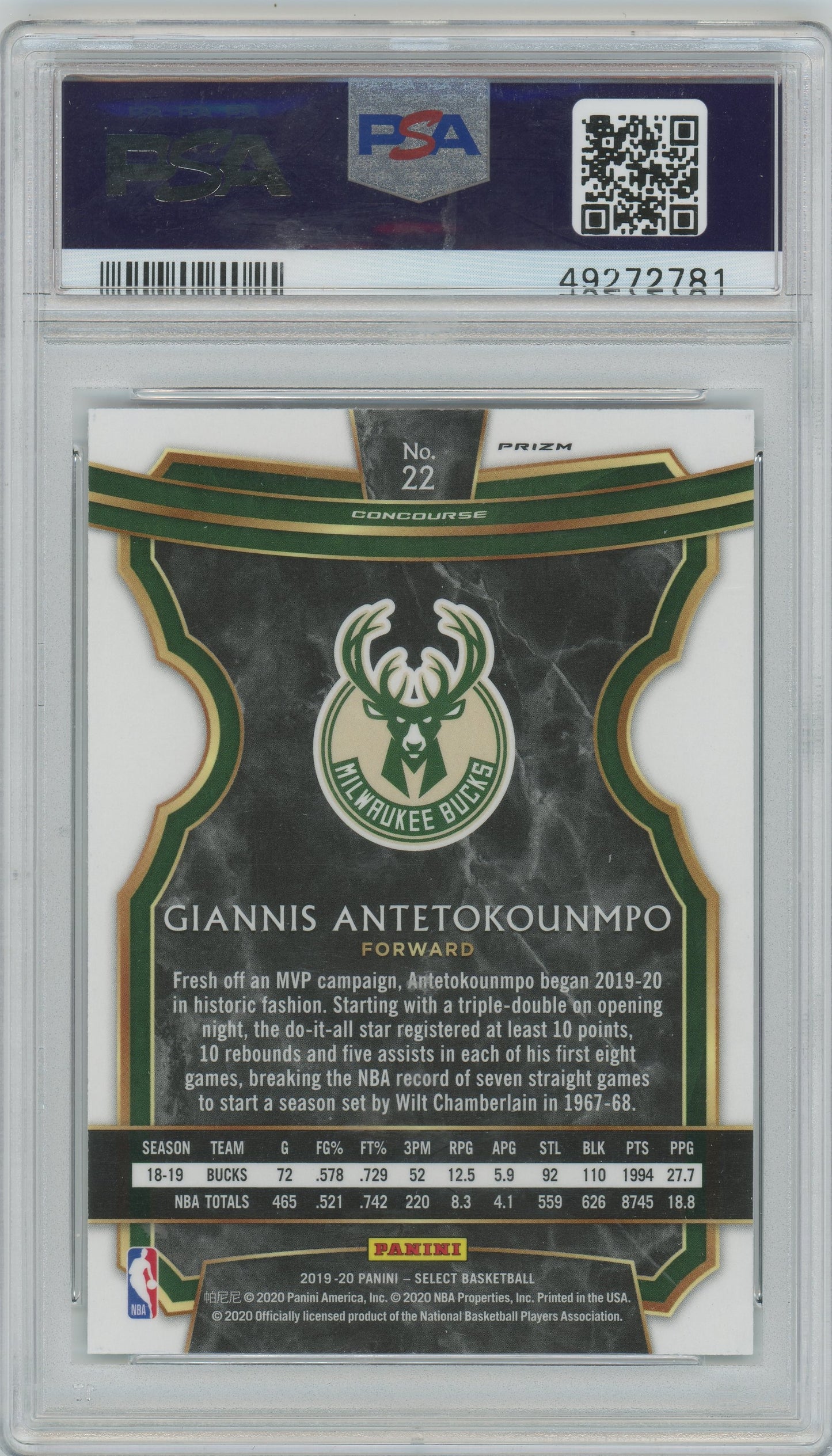 2019 Panini Select Giannis Antetokounmpo #22 Tri Color Prizm PSA 10