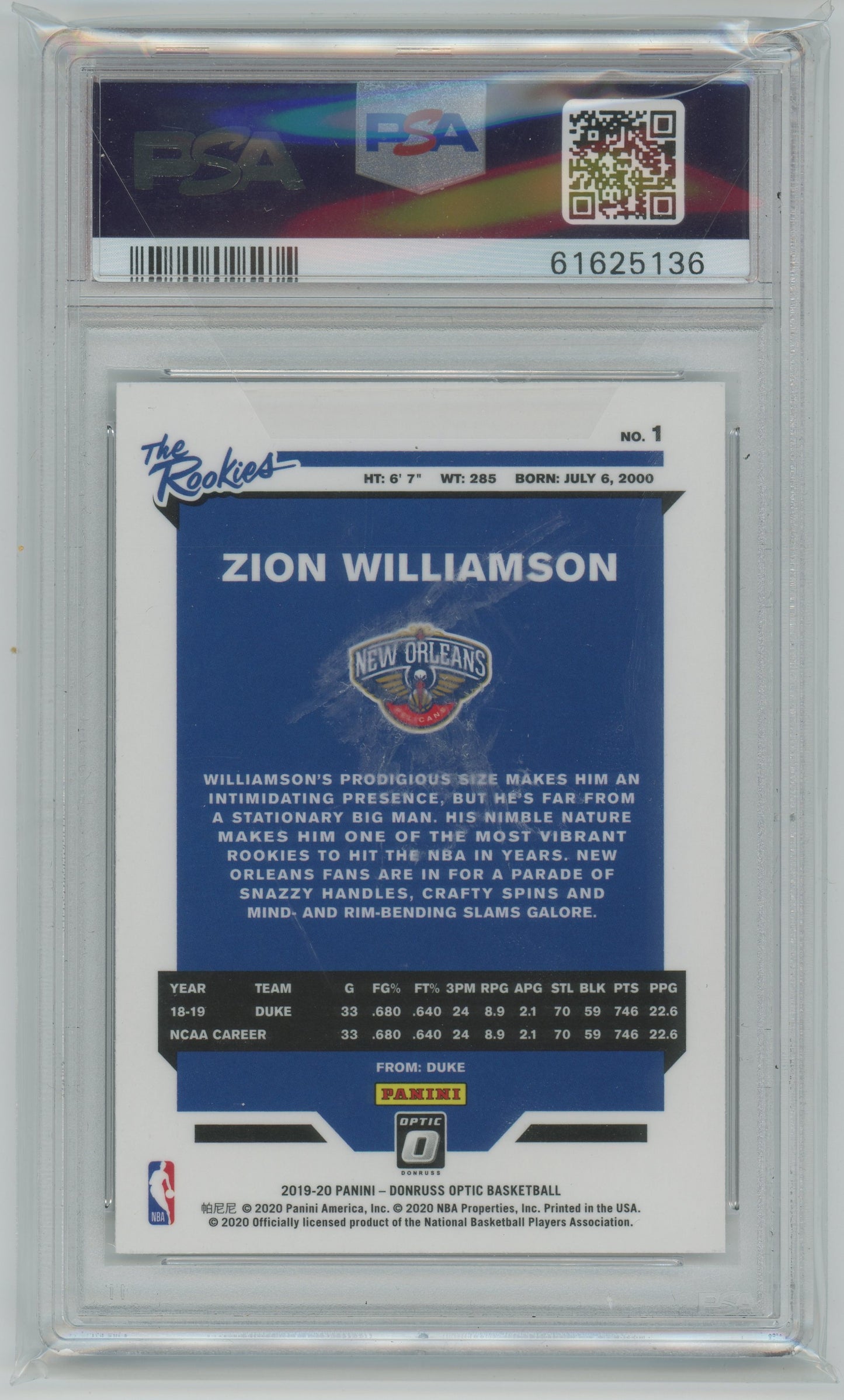 2019 Panini Donruss Optic The Rookies Zion Williamson #1 PSA 9