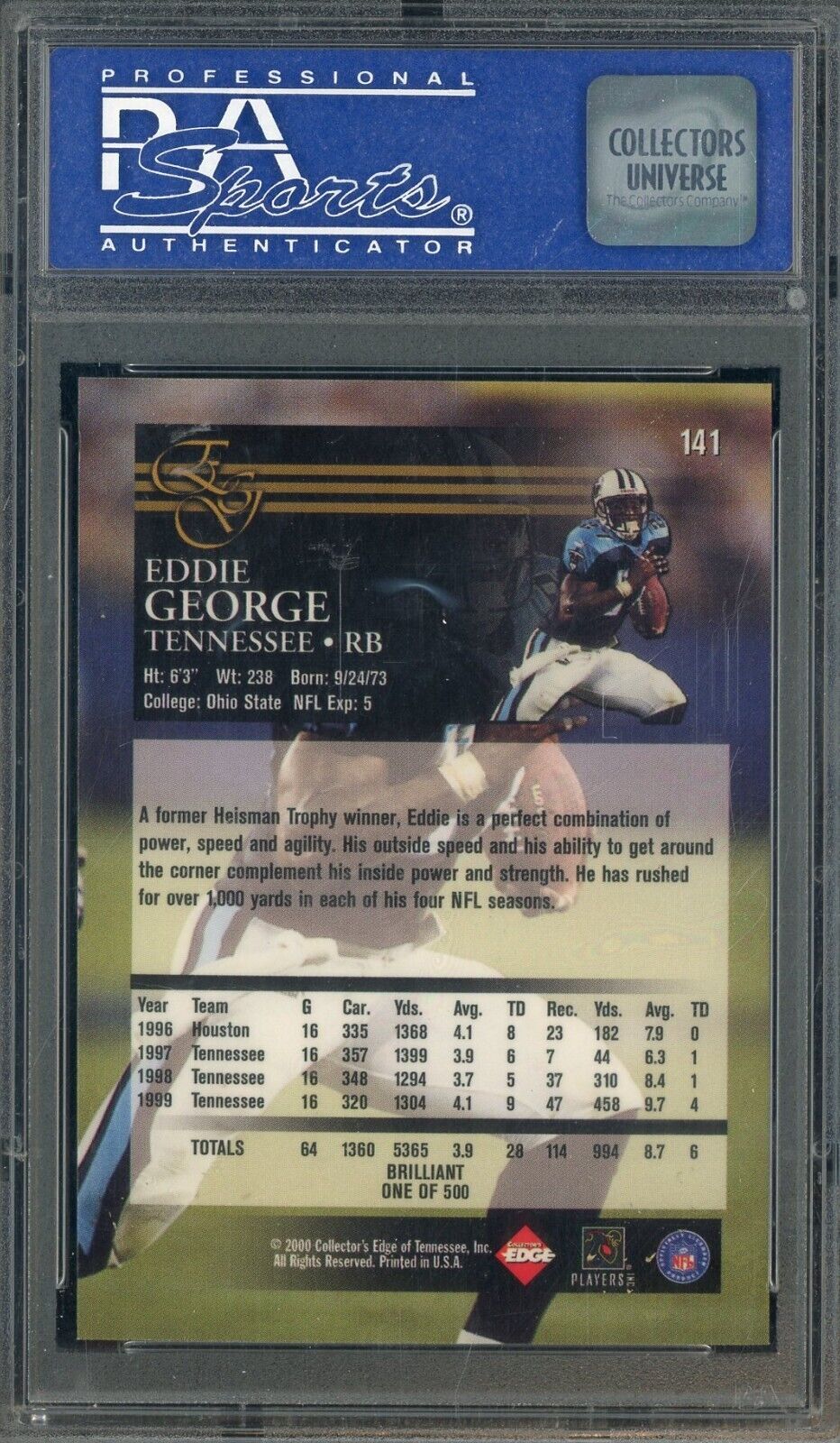 2000 Collector's Edge Graded Brilliant #141 Eddie George - /500 PSA 10 - /500