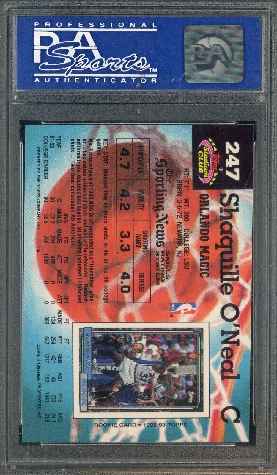 1992 Topps Stadium Club #247 Shaquille O'Neal Magic RC Rookie HOF PSA 8