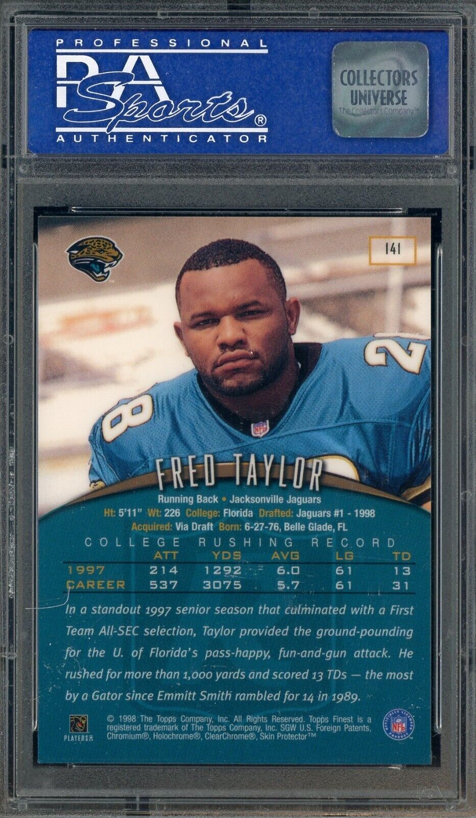 1998 Topps Finest #141 Fred Taylor Jaguars RC Rookie w/ Coating PSA 7 - ROOKIE