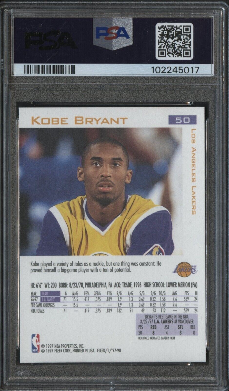 1997 Fleer #50 Kobe Bryant Los Angeles Lakers HOF PSA 8 - KOBE