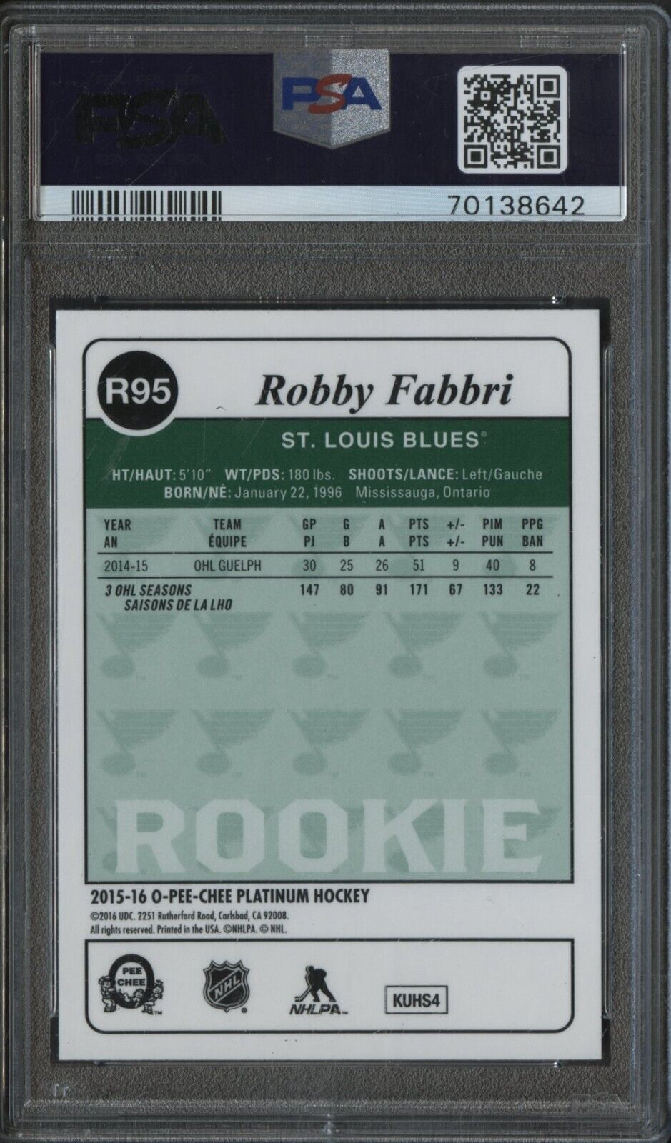 2015 O-Pee-Chee OPC Platinum Hockey Retro Robby Fabbri RC ROOKIE - PSA 10