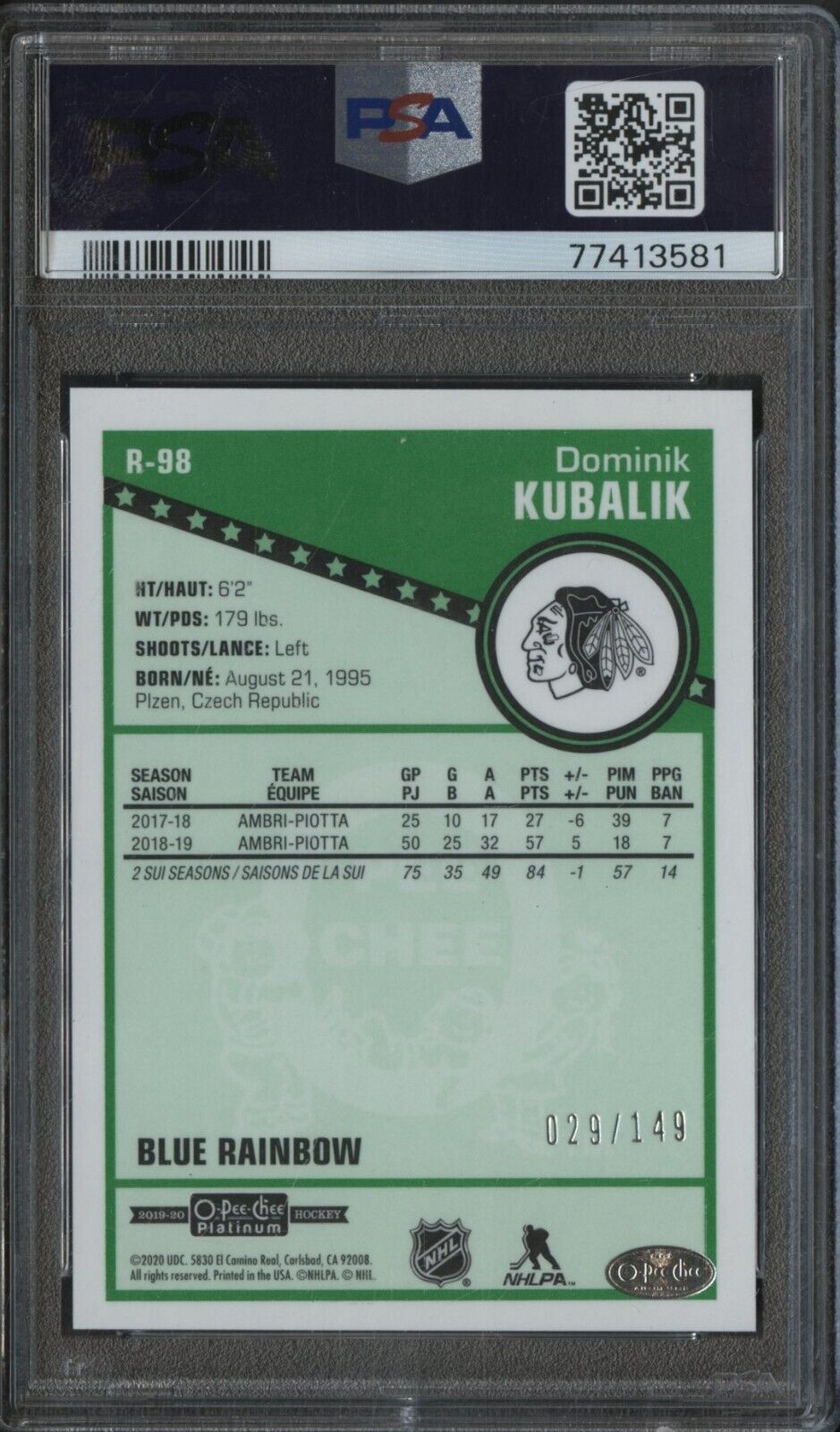 2019 O-Pee-Chee Platinum Retro Blue Rainbow Dominik Kubalik - ROOKIE /149 PSA 10