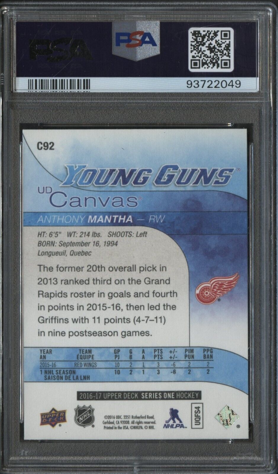 2016 UD Hockey Young Guns UD Canvas Anthony Mantha RC Rookie PSA 10 GEM MINT