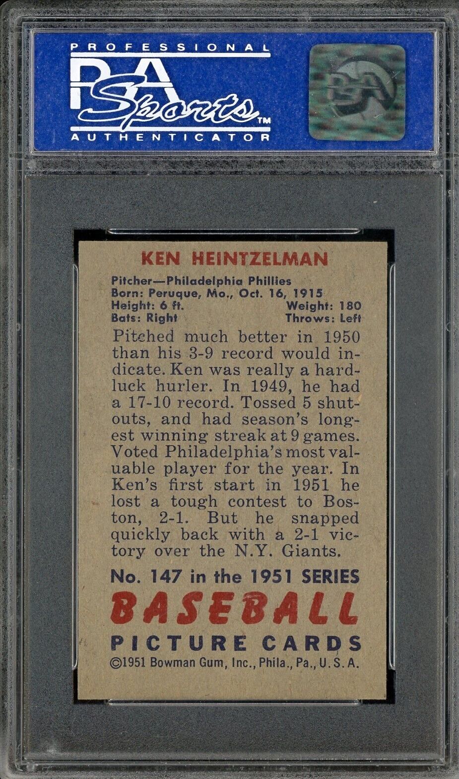 1951 Bowman #147 Ken Heintzelman Philadelphia Phillies PSA 6 EX-MT