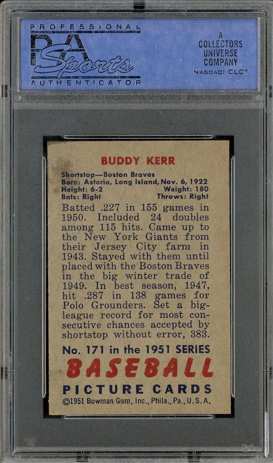 1951 Bowman #171 Buddy Kerr Boston Braves PSA 5 EX
