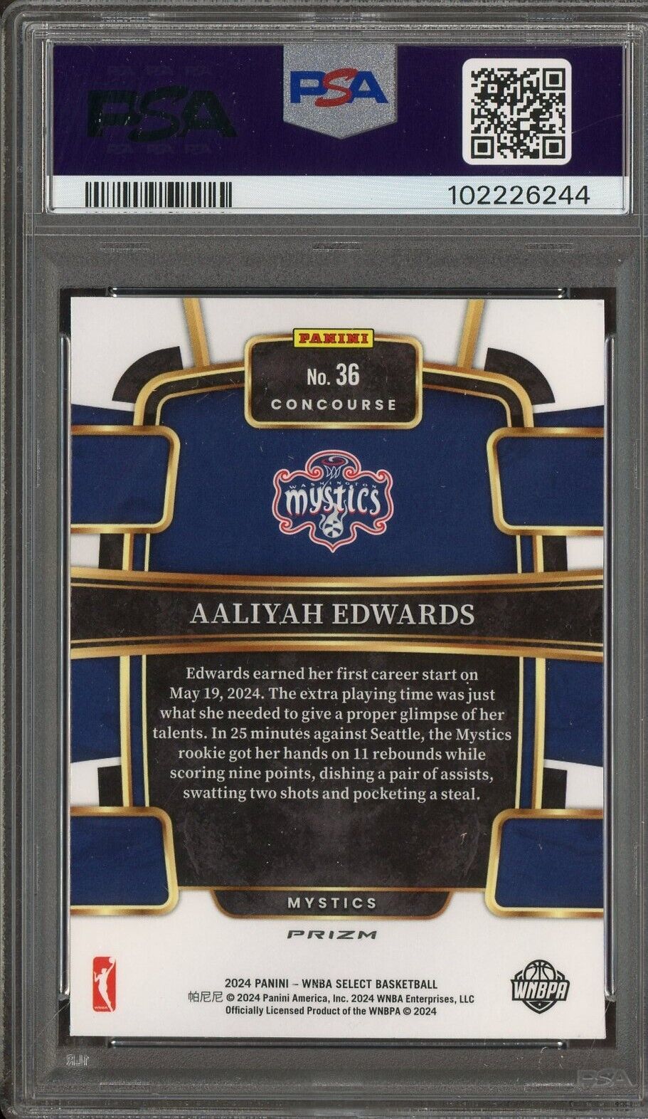 2024 Select WNBA Pink Ice #36 Aaliyah Edwards Mystics RC Rookie PSA 8 - ROOKIE